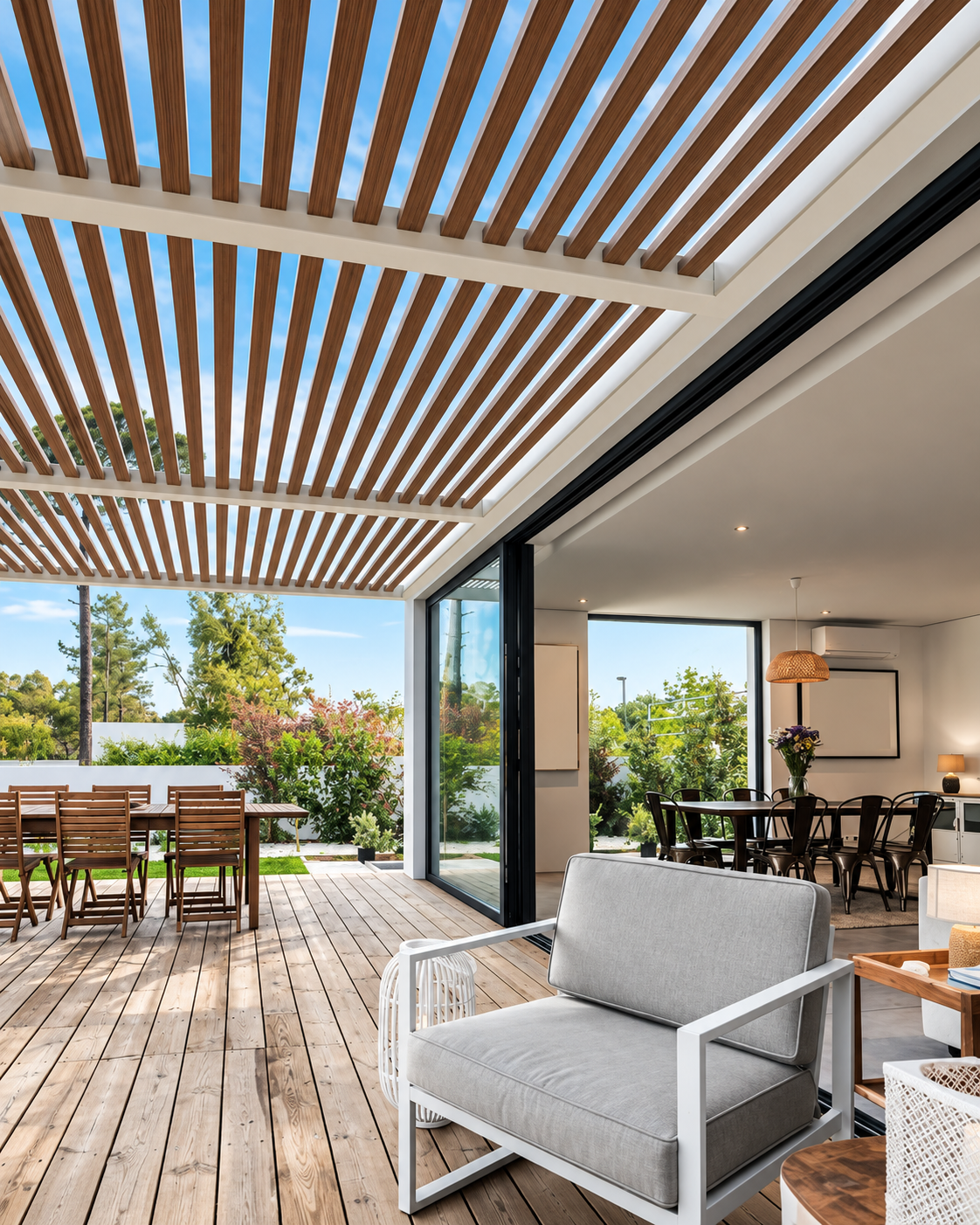 Pergola bioclimatica con apertura verso l'interno e il giardino